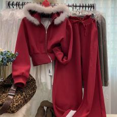 批发十三行爆款~秋冬韩系一整毛领连帽加绒卫衣外套阔腿裤<b class='q'>休闲</b>两件套