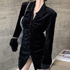 批发港味复古黑色丝绒<b class='q'>衬衫</b>女秋冬新款设计感褶皱修身气质长袖上衣