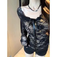 批发绝辣classic设计感收腰<b class='q'>镂空</b>立体蕾丝打底<b class='q'>衫</b>女纯欲内搭上衣