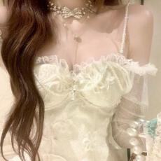 批发法式复古修身显瘦纯欲蕾丝抹胸网纱长袖荷叶边上衣辣妹一字肩上衣