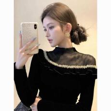 批发绝美漂亮<b class='q'>网纱</b>拼接丝绒T恤打底衫女士时髦洋气秋冬内搭可外穿<b class='q'>上衣</b>