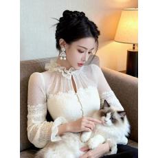 批发2026新款春季绝美巨好看轻奢法式名媛千金木耳网纱蕾丝上衣女