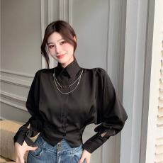 批发春秋季新款法式蝙蝠泡泡袖收腰短款<b class='q'>衬衫女</b>设计感小众纯欲风上衣