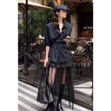 批发气质一整套ootd穿搭秋新款时尚<b class='q'>条纹</b>腰带衬衫网纱百褶<b class='q'>半身裙</b>两件套