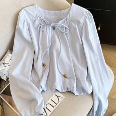 批发设计感花苞串珠系带长袖<b class='q'>衬衫</b>女秋季2026新款<b class='q'>气质</b>温柔小衫白色上衣