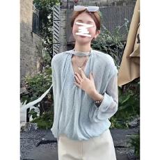 批发温柔风蓝色波点气质长袖<b class='q'>衬衫</b>女2026春夏新款V领<b class='q'>衬衣</b>显瘦<b class='q'>时尚</b>上衣