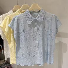 批发2026<b class='q'>韩国</b>东大门<b class='q'>代购</b>夏装女装新款花边翻领甜美净版镂空短袖衬衫