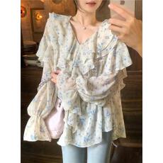 批发胖mm2-300斤特大码设计感双层领V领碎花<b class='q'>雪纺</b>防晒<b class='q'>衬衫</b>女夏法式上衣