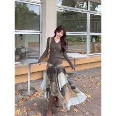 批发复古连帽V领长袖针织衫不规则拼色<b class='q'>网纱</b>半身裙女2026春季时尚套装