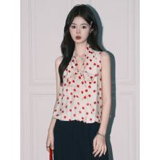 批发法式<b class='q'>v领</b>波点挂脖吊带背心雪纺小衫夏季新款独特设计宽松无袖上衣