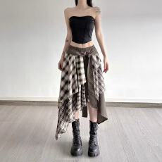 批发<b class='q'>街头</b>复古棕色格纹拼接不规则半身裙辣妹绑带低腰显瘦A字长裙