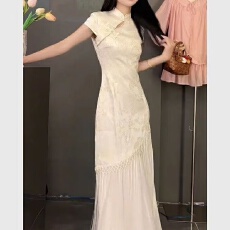 批发大码新中式国风女装<b class='q'>连衣裙</b>夏季新款高档提花流苏拼接改良旗袍长裙