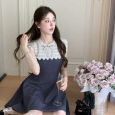 批发格雷系千金 法式蕾丝<b class='q'>拼接</b>无袖<b class='q'>连衣裙</b>女夏收腰显瘦灰色短裙
