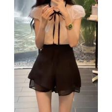 批发设计感小众法式别致蝴蝶结系带<b class='q'>蕾丝</b>泡泡袖<b class='q'>雪纺</b><b class='q'>上衣</b>短袖衬衫女夏季