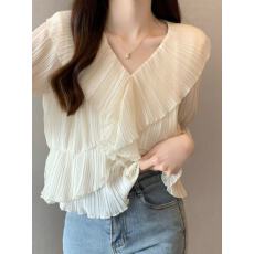 批发大码女装胖mm2026夏季款法式甜美荷叶边v领<b class='q'>喇叭袖</b><b class='q'>雪纺衫</b>衬衣上衣