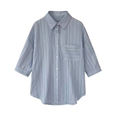 批发条纹衬衫女春夏季新款韩<b class='q'>范</b>中袖女士衬衣胖mm大码宽松落肩袖上衣女