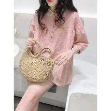 批发<b class='q'>蕾丝</b>娃娃领衬衣短袖女夏季棉麻韩版宽松刺绣纯色田园<b class='q'>娃娃衫</b>上衣女