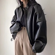 美式潮流通勤复古百搭春秋新款休闲拉链口袋宽松女款皮衣外套