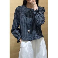 批发欧货2026年秋装新款圆领木耳边减龄短款<b class='q'>格子</b>泡泡袖衬衫女上衣