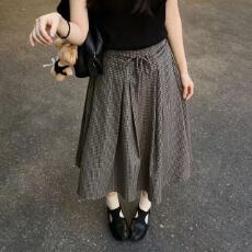 批发韩系绑带压褶格纹半身裙女2026早秋款减龄a字中长裙<b class='q'>复古</b>减龄百搭