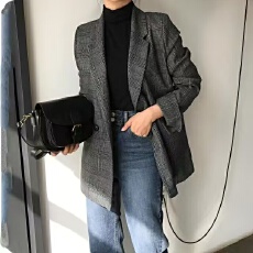 批发chic<b class='q'>新款</b>复古格子简约气质小西装两粒宽松双排韩版长袖西服外套女