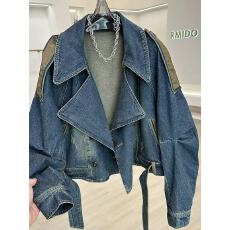 批发美式复古西装领做旧拼皮牛仔衣<b class='q'>女</b>秋季2026新款小众休闲宽松短外套