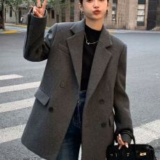 批发大码正肩灰色外套女2026秋冬宽松休闲复古呢子大衣高级感