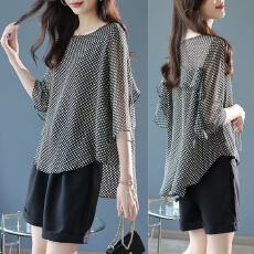 批发2025夏季新款时尚洋气小衫<b class='q'>蝙蝠衫</b>藏肉宽松荷叶边印花七分袖<b class='q'>雪纺</b><b class='q'>衫</b>