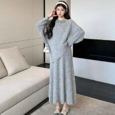 批发花朵温柔斜肩立体宽松设计<b class='q'>不规则</b>毛衣法式气质针织<b class='q'>半身裙</b>两件套装