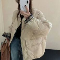 批发韩系25年<b class='q'>新款</b>格子拼接棉服羽绒棉女短款宽松菱格轻薄小个子多巴胺