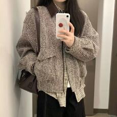 美式复古翻领夹克外套女学生秋季新款设计感宽松百搭休闲棒球服潮