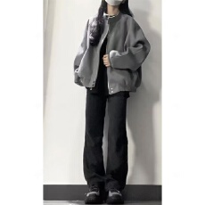 批发美式复古灰高级感又酷又飒立领麂皮绒外套女春秋新款<b class='q'>百搭</b>夹克潮