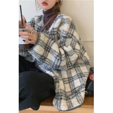 批发格子羊羔毛外套秋冬季女2025新款宽松韩版<b class='q'>百搭</b>加厚加绒夹克上衣潮