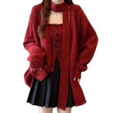 批发亮闪闪飘带挂脖红色毛衣外套女冬大码胖mm吊带背心针织开衫两件套