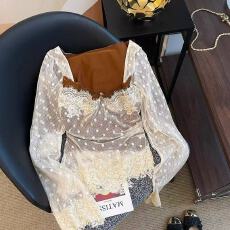 批发设计感蕾丝假两件<b class='q'>长袖</b>上衣2025秋季新款大码白色波点内搭打底衫女