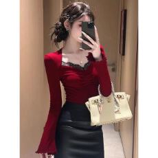 批发巨好看高级感小众别致红色蕾丝洋气<b class='q'>轻熟</b>德绒秋冬不撞款长袖上衣女