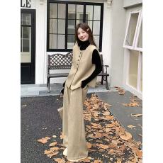 批发卡其色小香风马甲套装女秋季2025新款韩系气质高级感阔腿裤两件套