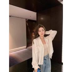 批发安雁春秋装新款法式白色缎面仿醋酸衬衫设计小众宽松百搭刺绣上衣