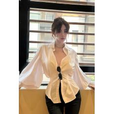 批发法式<b class='q'>白色</b>灯笼袖<b class='q'>衬衫女</b>2025年春季设计感小众捏褶收腰显瘦气质上衣