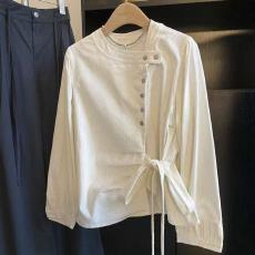 批发设计感系带收腰加厚灯芯绒白色衬衫秋<b class='q'>冬</b>法式气质收腰显瘦长袖上衣