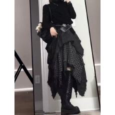 批发设计感复古废土风不规则格纹拼接百褶流浪A字高腰中长款灰色<b class='q'>长裙</b>