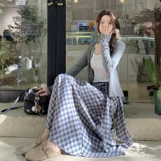 批发2026春夏新款气显瘦质漂亮独特格纹<b class='q'>半身</b>连衣裙子<b class='q'>长裙</b>女套装裙