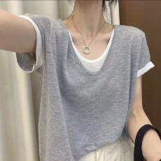 批发爆款雪花棉短袖t恤假两件U领字母印花大码女<b class='q'>装</b>百搭遮肚子显瘦上衣