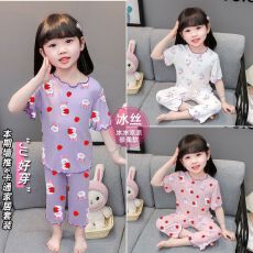 批发女童睡衣<b class='q'>夏</b>季新款<b class='q'>套装</b>薄款七分<b class='q'>宝宝</b>短袖空调服儿童冰丝女孩家居服