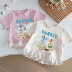 女童短袖T恤夏季2026新款洋气儿童甜美印花卡通蕾丝上衣宝宝t恤