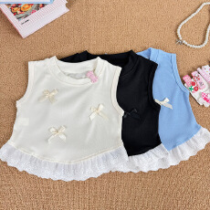 批发女童蝴蝶结短款小背心<b class='q'>夏</b>装新款儿童甜美拼接花边洋气无袖T恤上衣