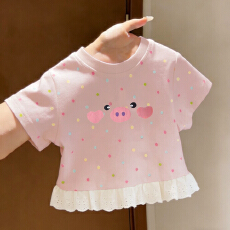批发夏季新款<b class='q'>女</b><b class='q'>童</b>纯棉短袖<b class='q'>T</b><b class='q'>恤</b>蕾丝花边打底上衣薄款<b class='q'>童装</b>洋气可爱女宝<b class='q'>T</b>