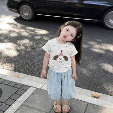 批发夏季新款<b class='q'>女</b><b class='q'>童</b>短袖<b class='q'>T</b><b class='q'>恤</b>卡通洋气女孩<b class='q'>童装</b>宝宝可爱小狗刺绣印花上衣