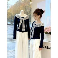 批发韩系气质拼接条纹绑带长袖t恤女秋季设计感小众独特修身露肩上衣