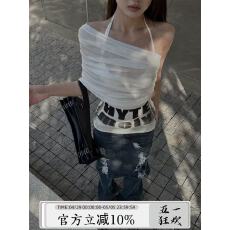 批发HYTEMOLY一字肩<b class='q'>罩衫</b>腰头切割拼接字母印花打底上衣<b class='q'>比基尼</b>两件套装